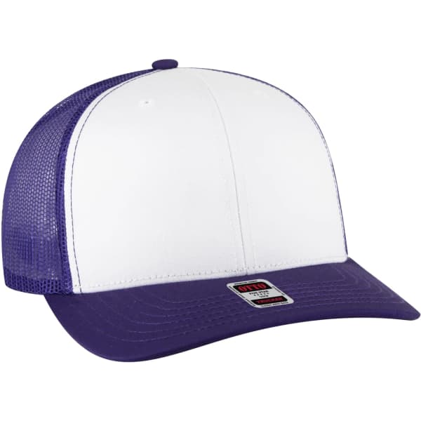 A low profile trucker hat with a white front and purple mesh back, featuring a logo on the front panel.