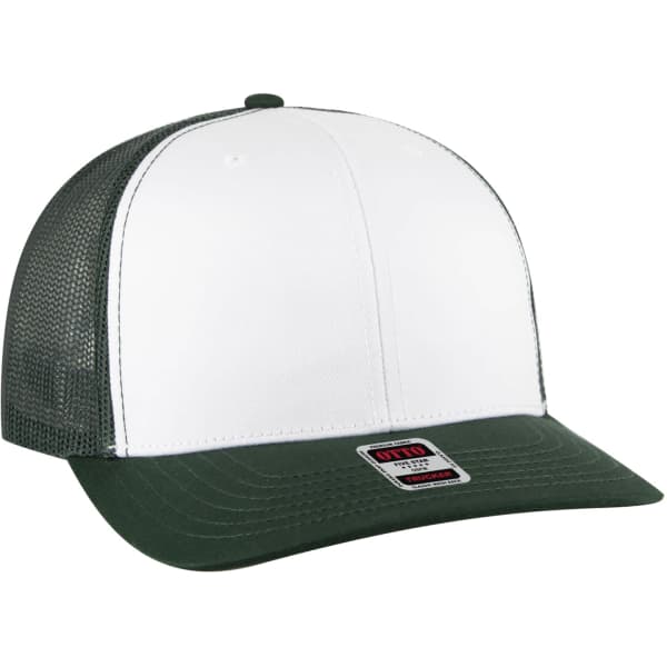 A low profile trucker hat featuring a white front and a dark green mesh back, complete with a branded label.