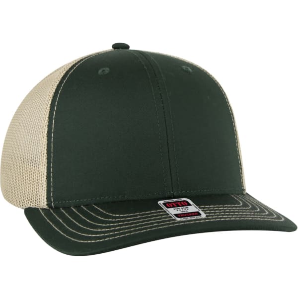 A green and beige low profile mesh back trucker hat with a logo on the front and a curved brim.