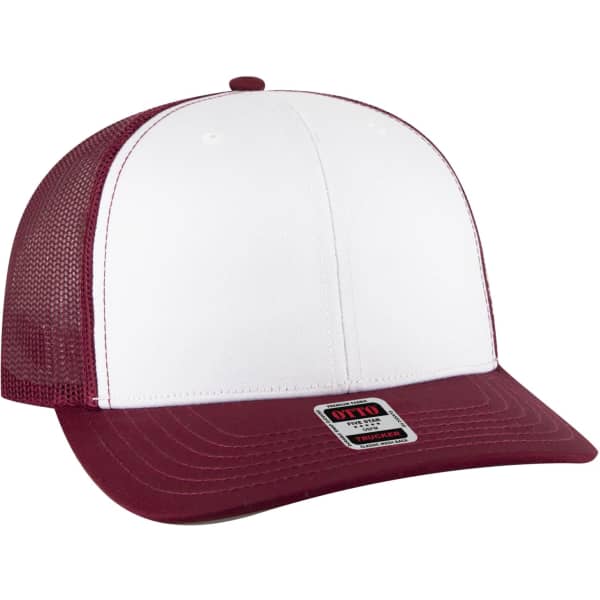 A low profile trucker hat featuring a white front and maroon mesh back, complete with a logo.
