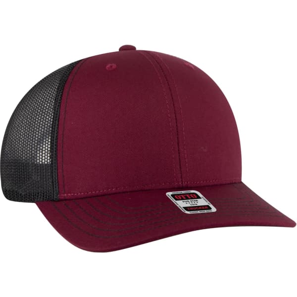 A burgundy trucker hat with a black mesh back and a logo on the front.
