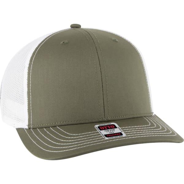An olive green trucker hat with a white mesh back and a curved brim. It features a branding logo on the front.