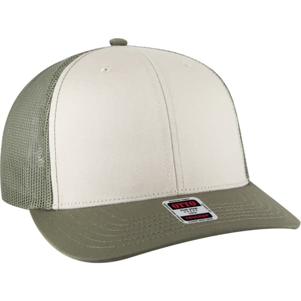 A low profile mesh back trucker hat in beige and olive green, featuring a logo on the front.