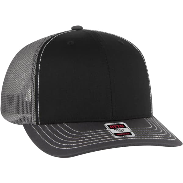 A black low profile trucker hat with a mesh back and grey accents, featuring a logo on the front.
