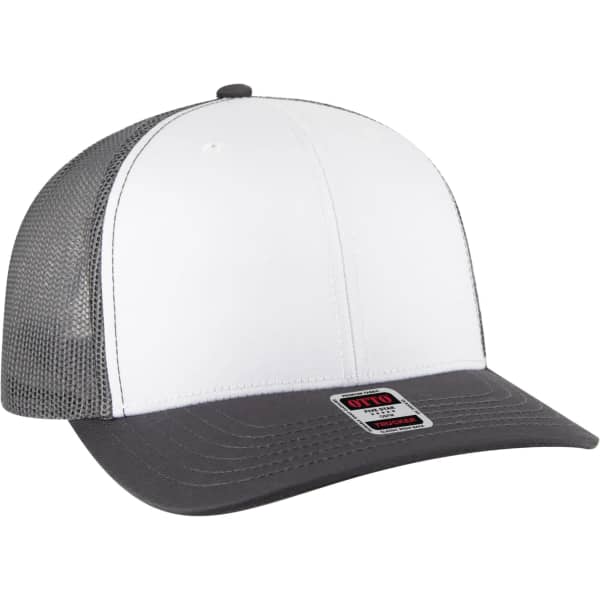 A low profile trucker hat featuring a white front and grey mesh back with a curved brim and a logo on the front.