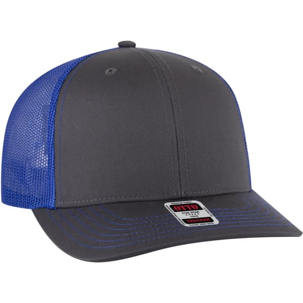 A grey and blue low profile mesh back trucker hat with a brand logo on the side.