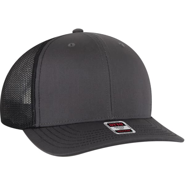 A low profile trucker hat in grey with a mesh back and a branded tag.