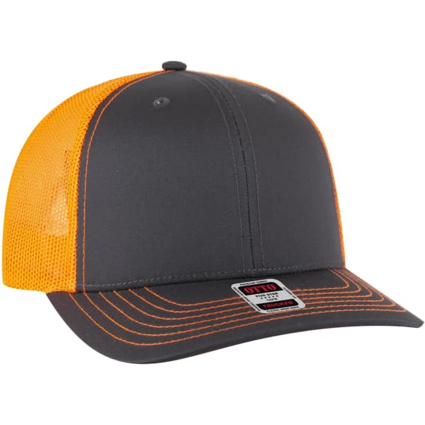 A low profile trucker hat featuring a grey front with an orange mesh back and contrasting stitching. It has a logo on the side.
