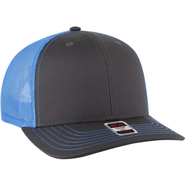 A low profile trucker hat with a grey front and blue mesh back, featuring a branded label.