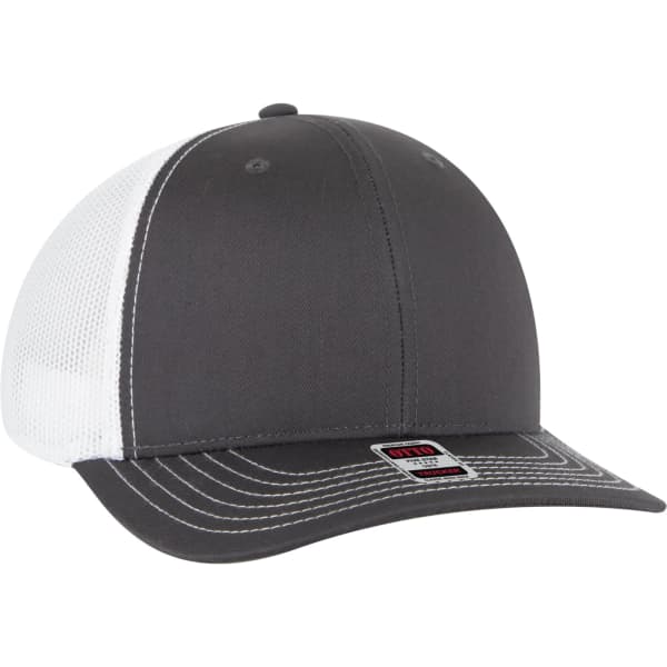 A grey trucker hat with a white mesh back and stitching details, featuring a logo.