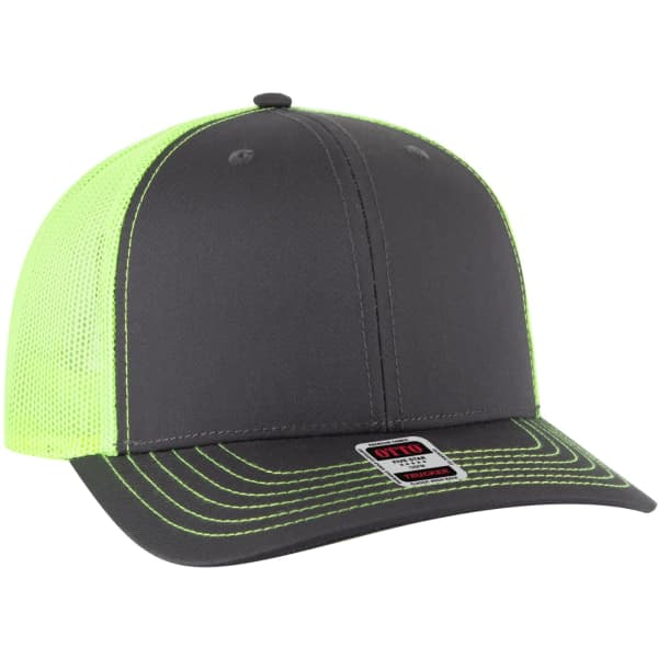 A grey trucker hat with a bright yellow-green mesh back and a logo on the front.