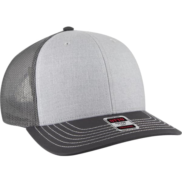 A grey and light grey low profile mesh back trucker hat with a logo on the front.