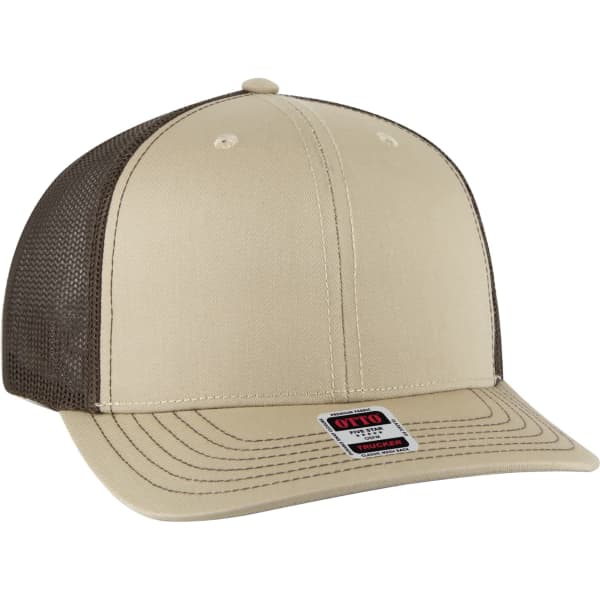 A low profile trucker hat in beige with a brown mesh back, featuring a logo on the front.