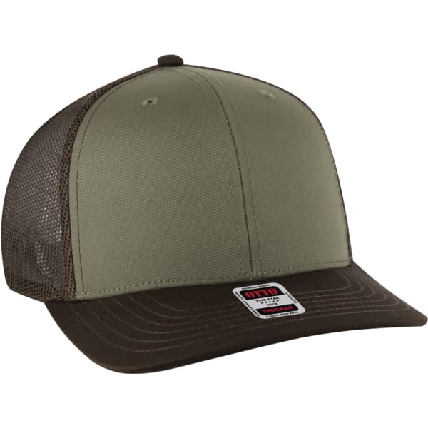 A low profile trucker hat featuring an olive green front and brown mesh back, with a logo on the side.