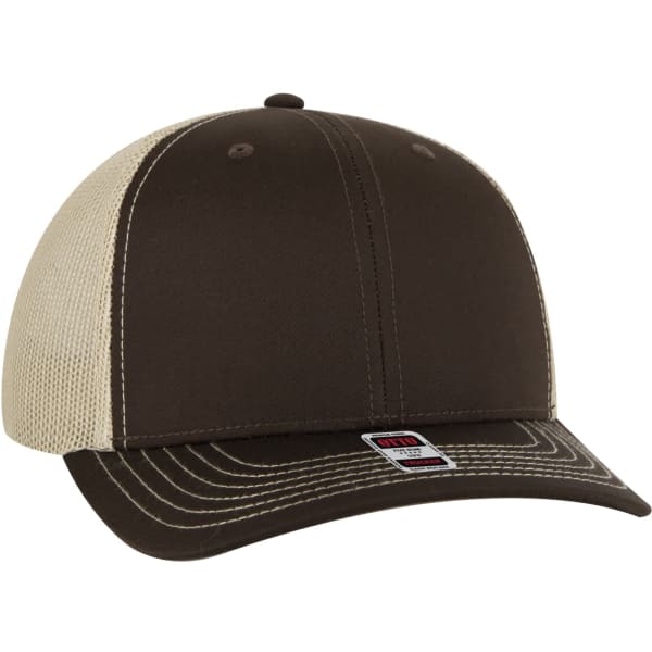 A brown trucker hat with a beige mesh back and a stitched brim, featuring a logo on the front.