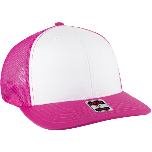 A pink and white low profile mesh back trucker hat with a branded tag on the front.