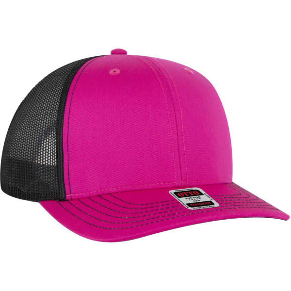 A pink and black low profile mesh back trucker hat featuring a curved brim and a mesh panel at the back.
