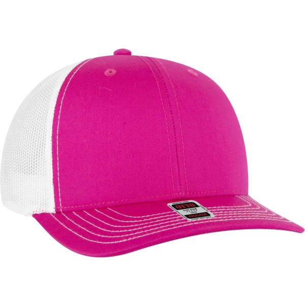 A pink and white low profile mesh back trucker hat with a branded label on the front.