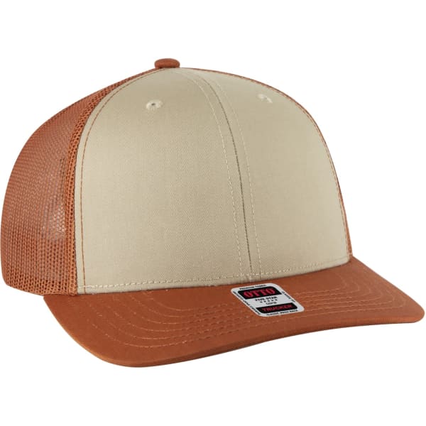 A tan and brown low profile mesh back trucker hat with a branded label on the side.