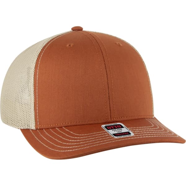 A low profile trucker hat in rust orange with a beige mesh back and a logo on the front.