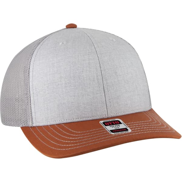 A low profile trucker hat featuring a grey front and a brown leather peak, with mesh detailing on the back and a logo.