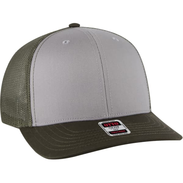 A grey and olive green low profile mesh back trucker hat with a curved brim and a logo on the front.