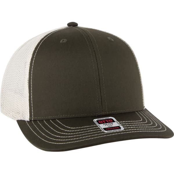 A low-profile trucker hat in olive green with a white mesh back and a branded label on the front.