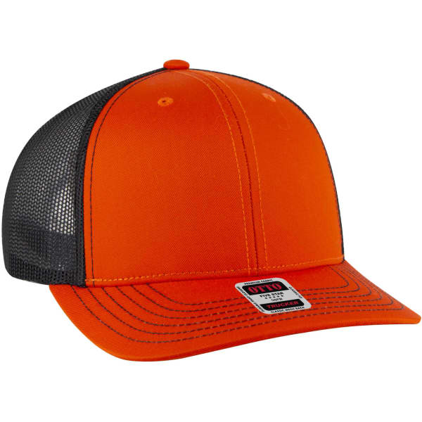 A low profile mesh back trucker hat in vibrant orange and black with a branded label.