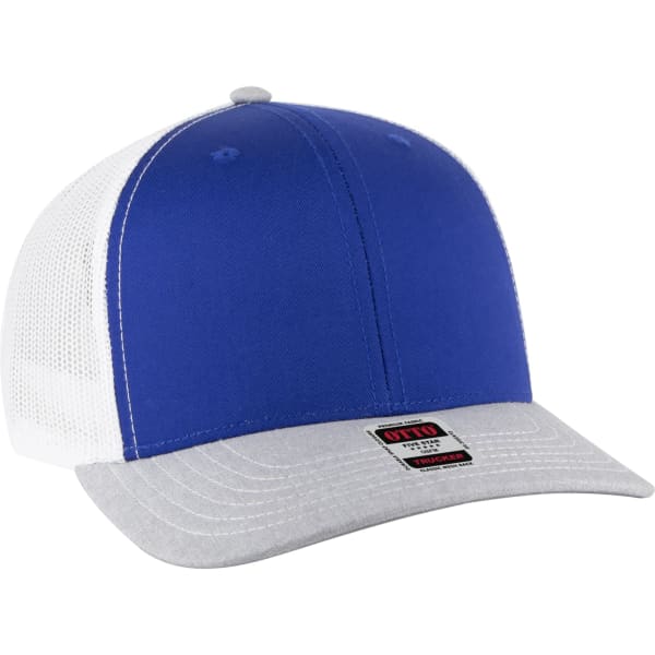 A low profile trucker hat featuring a blue front, white mesh back, and a grey visor. Includes a logo on the side.
