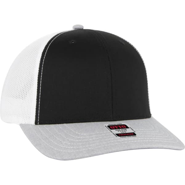 A low profile trucker hat featuring a black front, white mesh back, and grey brim with a logo.