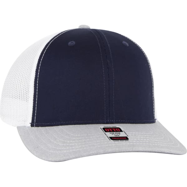 A navy and white low profile mesh back trucker hat with a light grey brim and a logo on the front.
