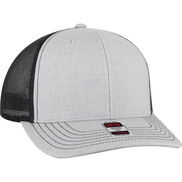 A light grey trucker hat with a black mesh back, featuring a structured cap design and a logo on the front.