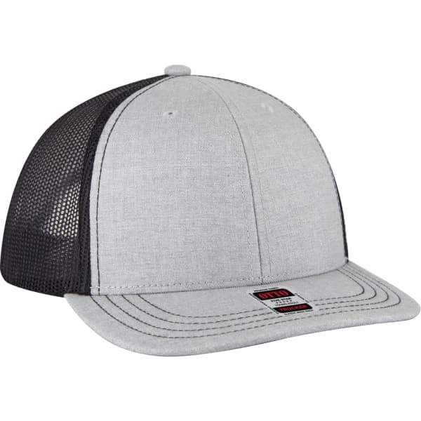 A low profile hat featuring a grey front and black mesh back, with a stitched brim and a logo.