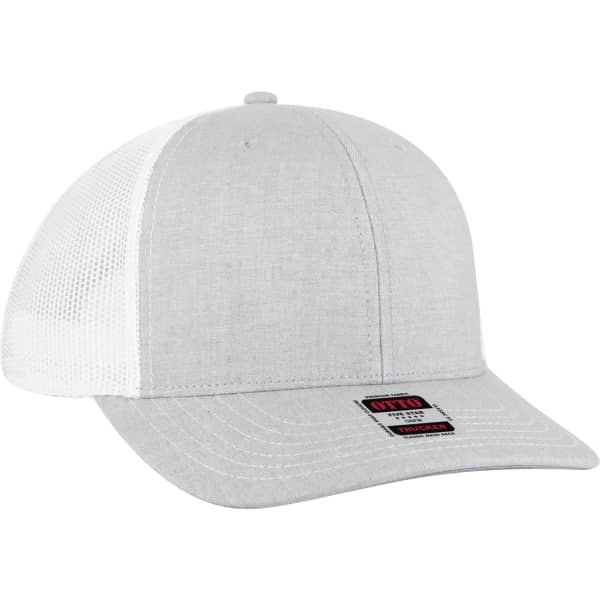 A light grey trucker hat with a mesh back and a fitted design, featuring a logo on the front.