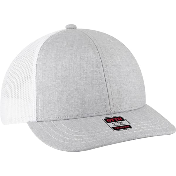 A grey low profile mesh back trucker hat with a white mesh panel and a logo on the side.