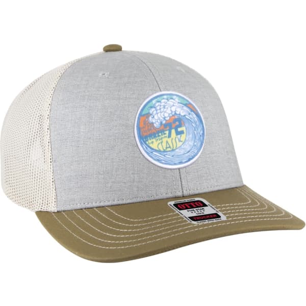 A grey cap with a tan brim and mesh back featuring a circular logo on the front.