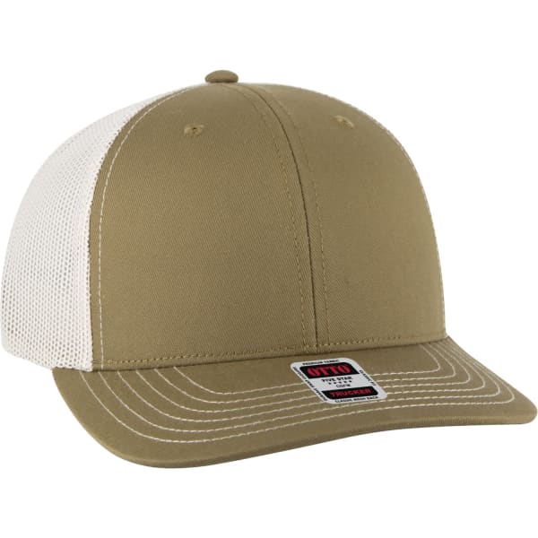 A low profile trucker hat in khaki with a white mesh back, featuring a structured front panel and curved visor.
