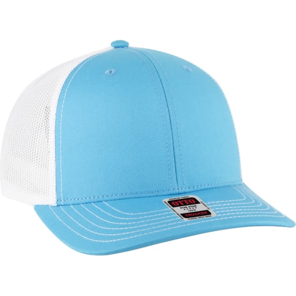 A light blue trucker hat with a white mesh back and a flat brim, featuring a branding label.