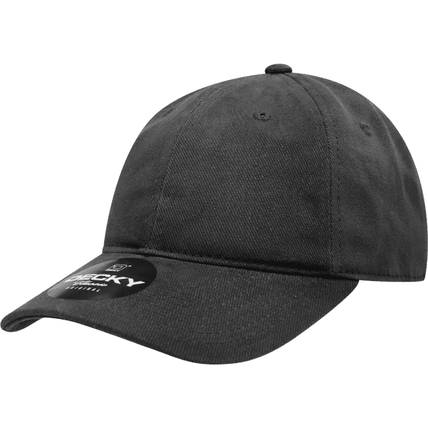 A black 6 panel low profile relaxed dad hat with a logo on the side.