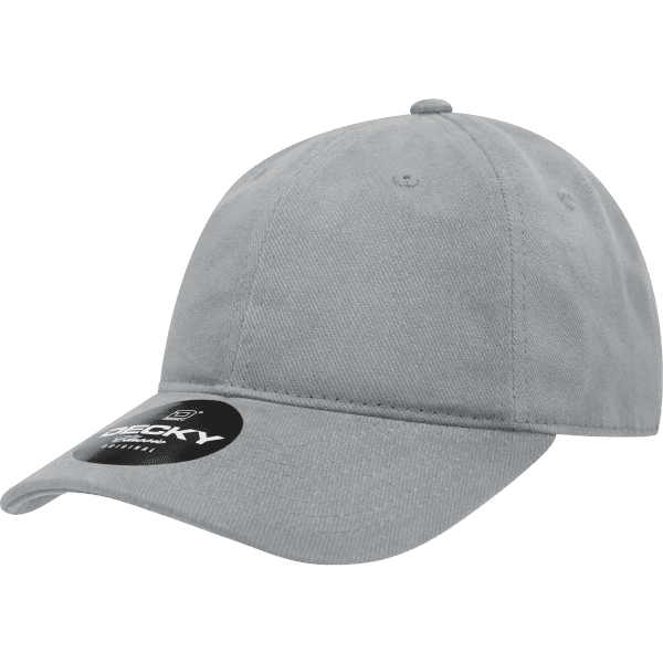 A light grey 6-panel low profile brushed cotton dad hat with a tag and a small logo.