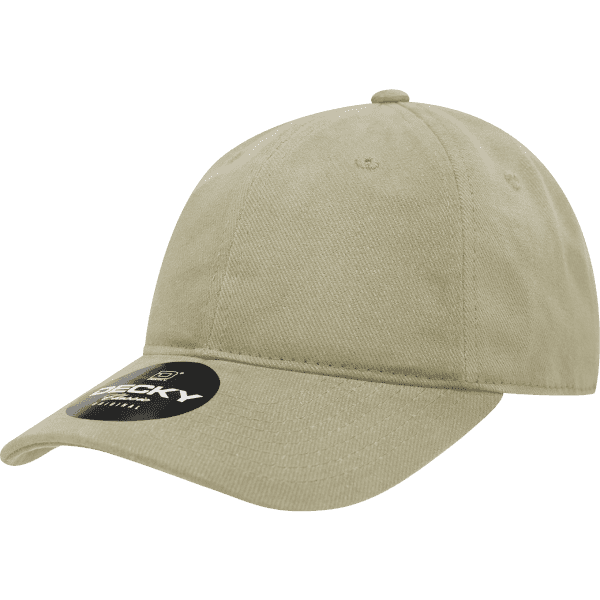 A beige 6 panel low pro brushed cotton dad hat with a tag and a logo.