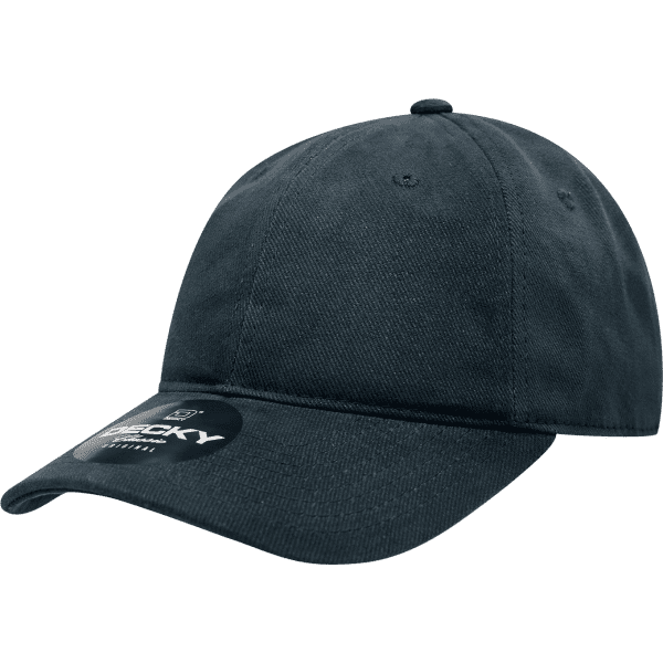 A navy blue brushed cotton dad hat featuring a tag and a logo.