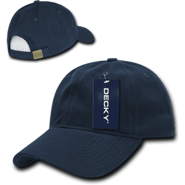 A navy blue 6 panel low profile relaxed dad hat with a logo and a tag attached. It features a curved brim and adjustable back.