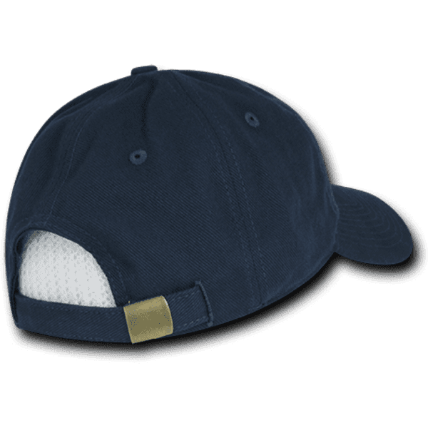 A navy blue 6 panel low profile relaxed dad hat with a mesh back and brass buckle adjustment.