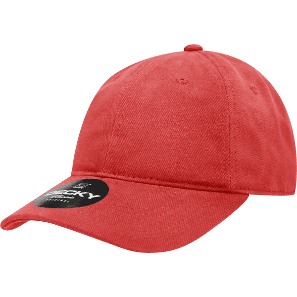 A red brushed cotton dad hat with a tag attached and a logo featured on the front.