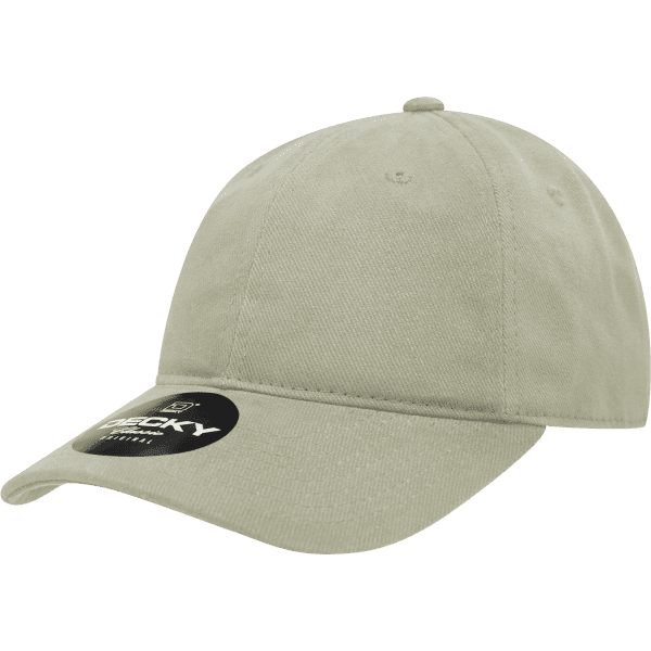 A beige 6 panel low profile brushed cotton dad hat with a tag and logo on the front.