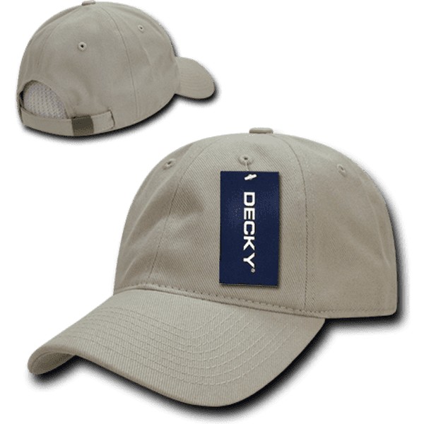 A 6-panel low profile relaxed dad hat in beige, featuring a logo and an adjustable strap at the back.