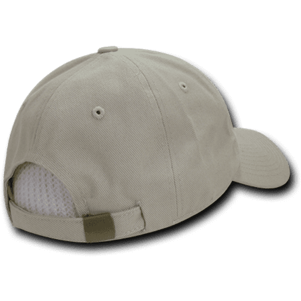 A beige 6 panel low profile relaxed dad hat featuring a logo and a mesh back for breathability.
