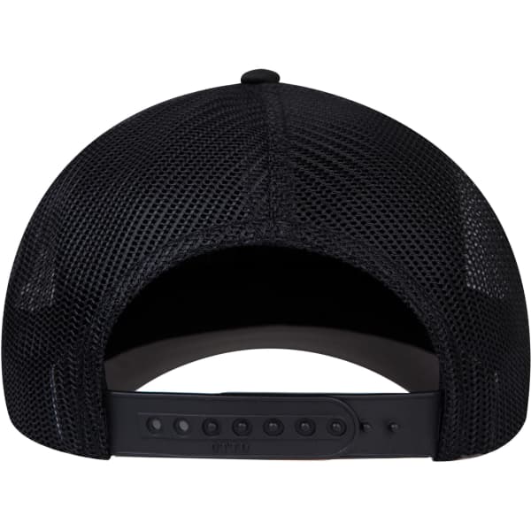 A black trucker cap with a mesh back, featuring an adjustable strap and a smooth interior.