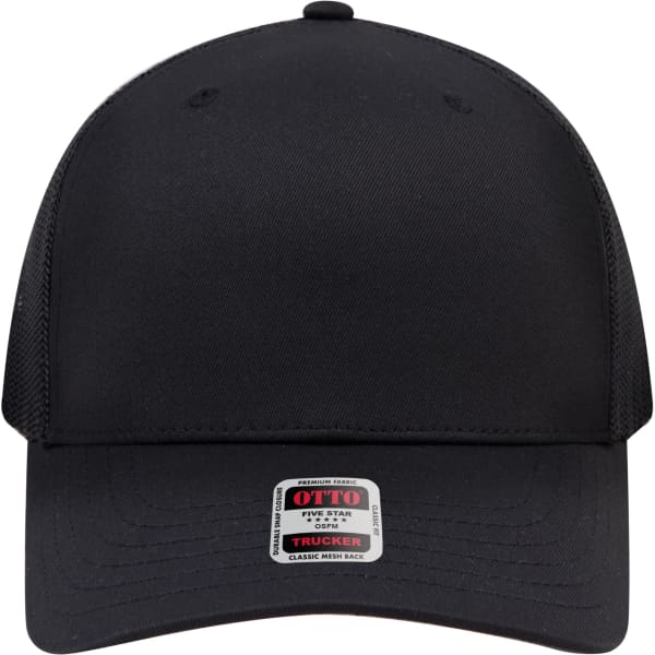 A black trucker cap featuring a mid-profile design and a mesh back, including a logo tag.